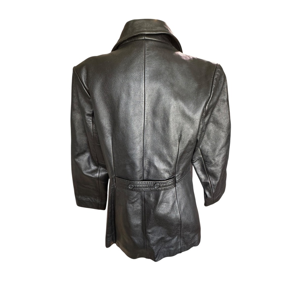 Jones New York Womens Leather Jacket Medium Black Double Breasted Peacoat - Picture 3 of 10
